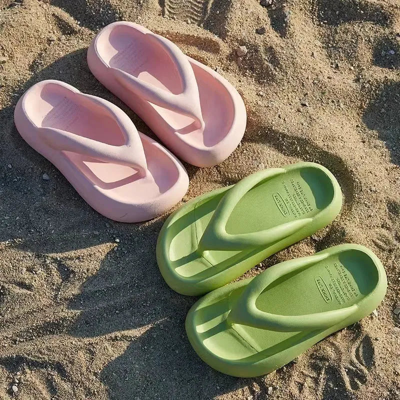 Solid colour thick-soled EVA flip-flops with a bow detail, shown in multiple colours.