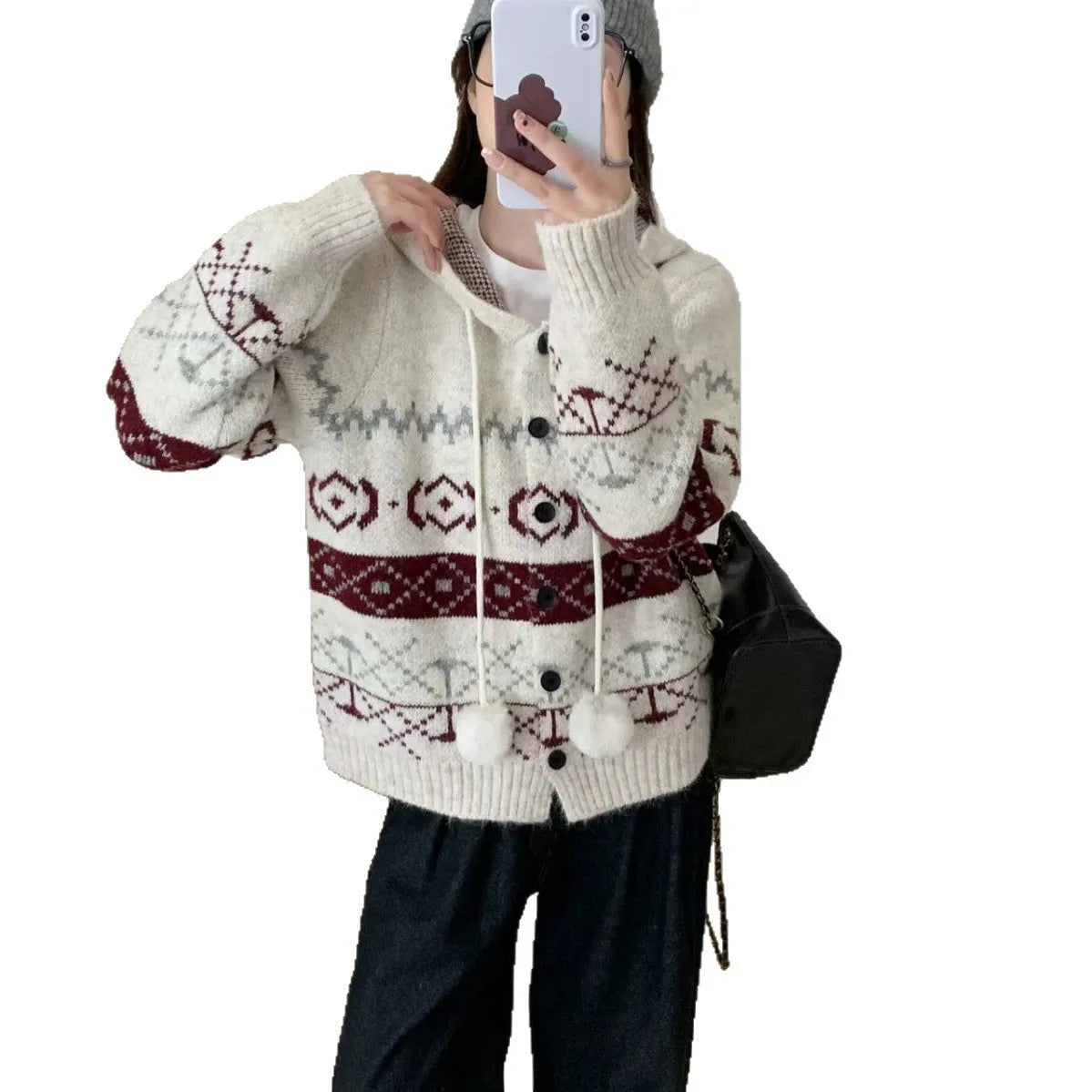Women's geometric pattern brocade sweater coat in milky white loose fit plus size