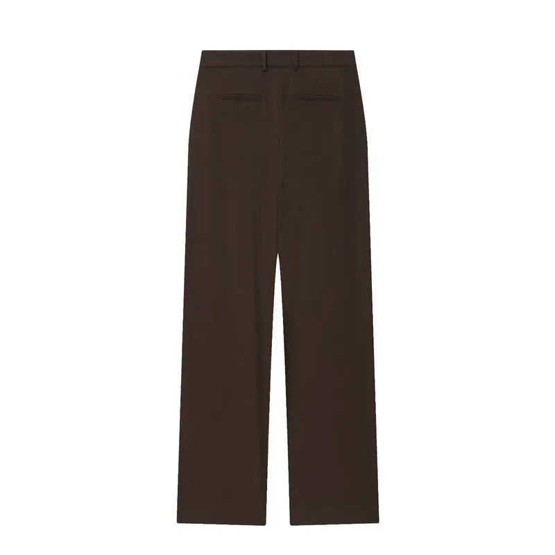 Women's pleated padded shoulder jacket and matching straight-leg trousers set in solid colour