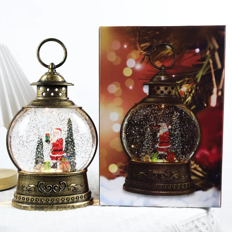 Large flat round plastic Christmas decoration rotating crystal ball music box with night light