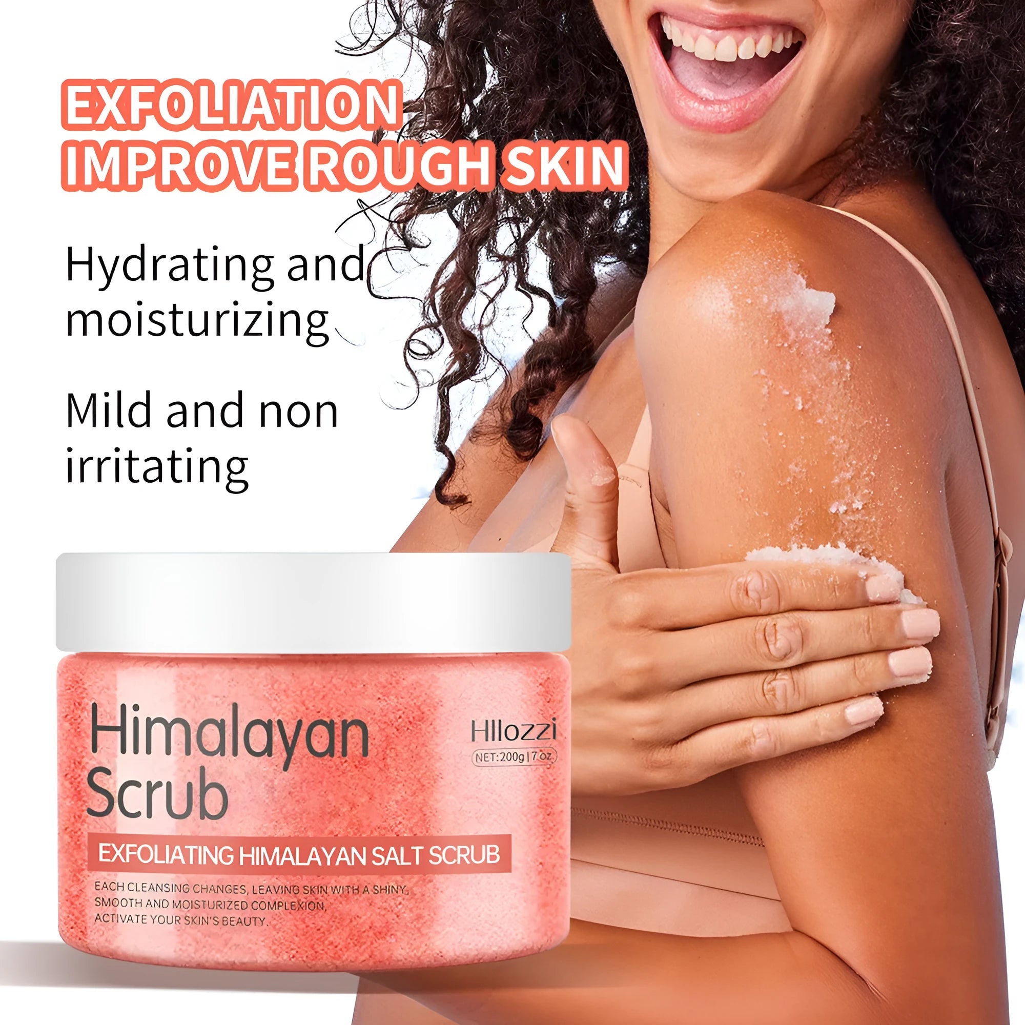 200g Himalayan salt body scrub cream in a white jar with label showing four variety options
