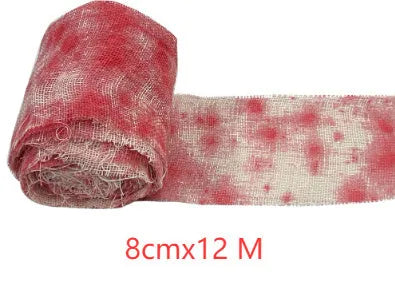 A roll of Halloween horror bandage with a bloody red dye or white colour, shown with a width of 8cm.