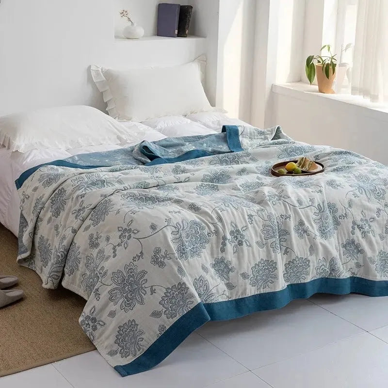 Five-layer gauze pure cotton blanket bedspread in Roulette Wheel Blue pattern