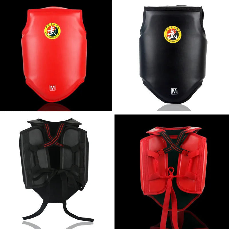 Red boxing helmet with integrated chest protector for fighting training