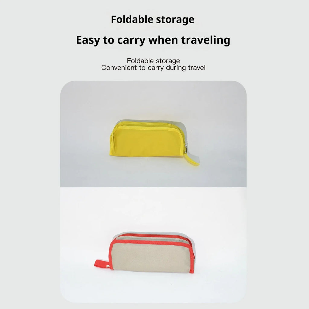 Lightweight foldable outdoor camp stool in Oxford cloth, shown folded and unfolded in khaki colour.
