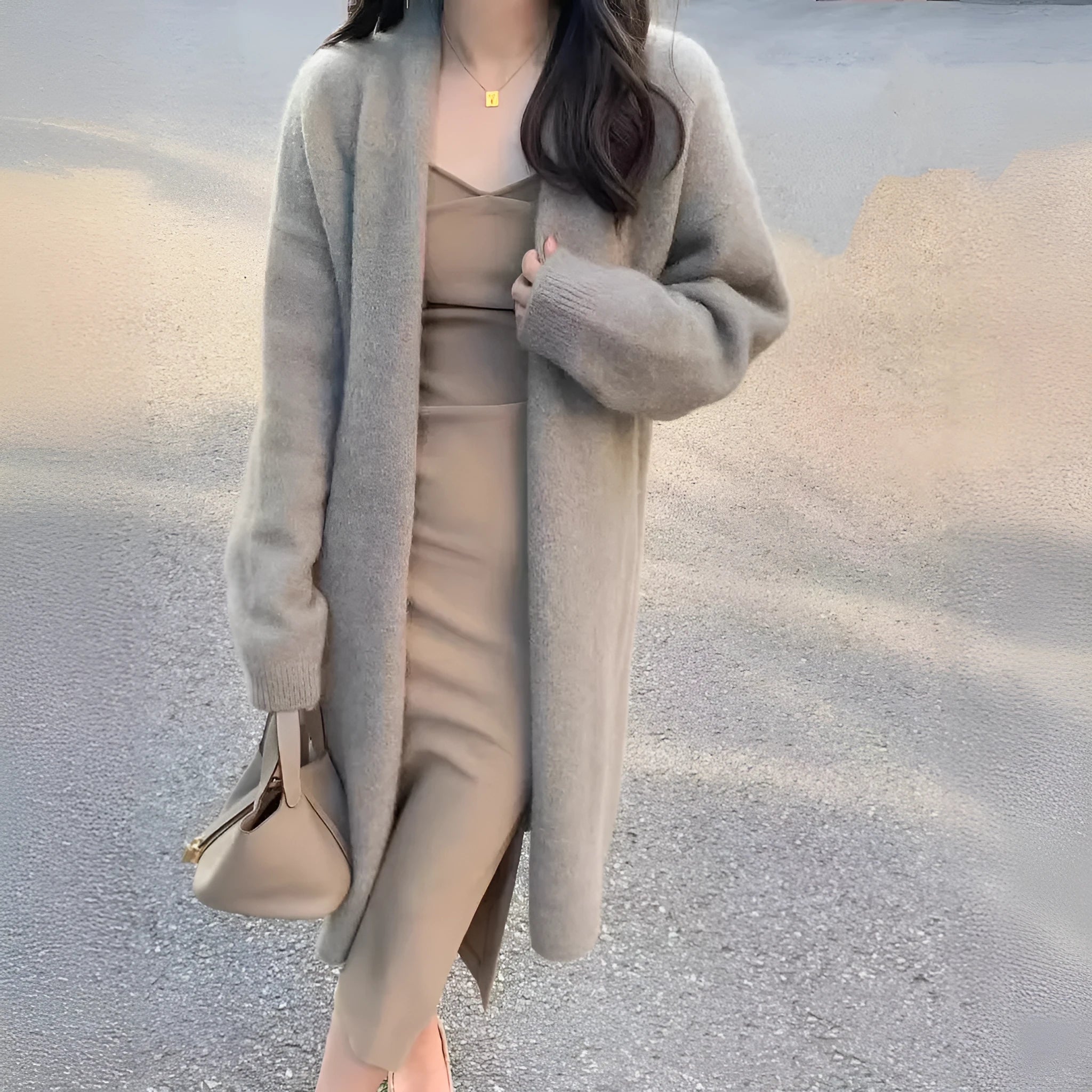 Women's mid-length knitted cardigan with V-neck design in khaki colour