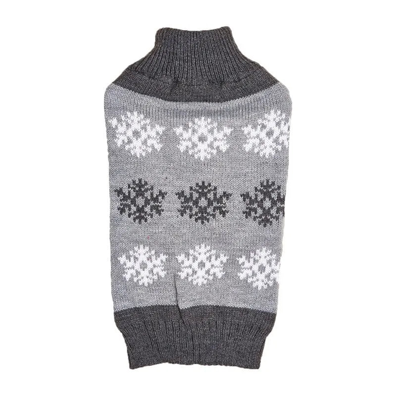 Snowflake patterned brown grey dog Christmas sweater made from acrylic fabric