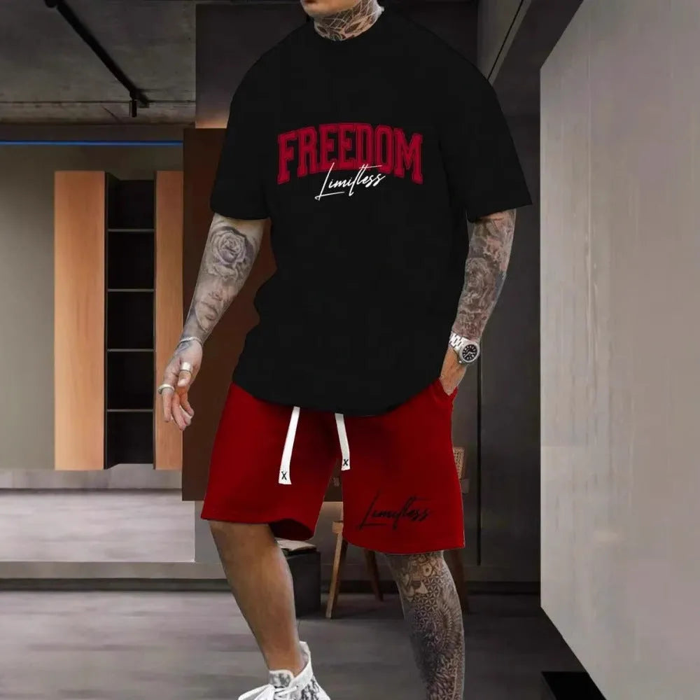 Men's 3D printed letter suit set with short sleeves and matching shorts in various colours