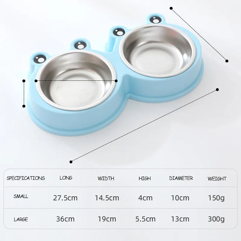 Stainless steel frog-shaped double pet bowl for food and water, available in blue, green, or pink.