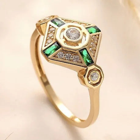 Square geometric women's ring with lvzuan coloured gem stone and electroplated metal finish