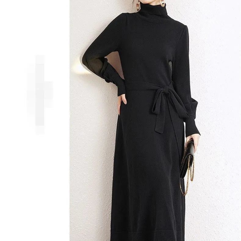 Women's solid color turtleneck knit dress with long sleeves and elastic waist in rose red, black, red, or blue