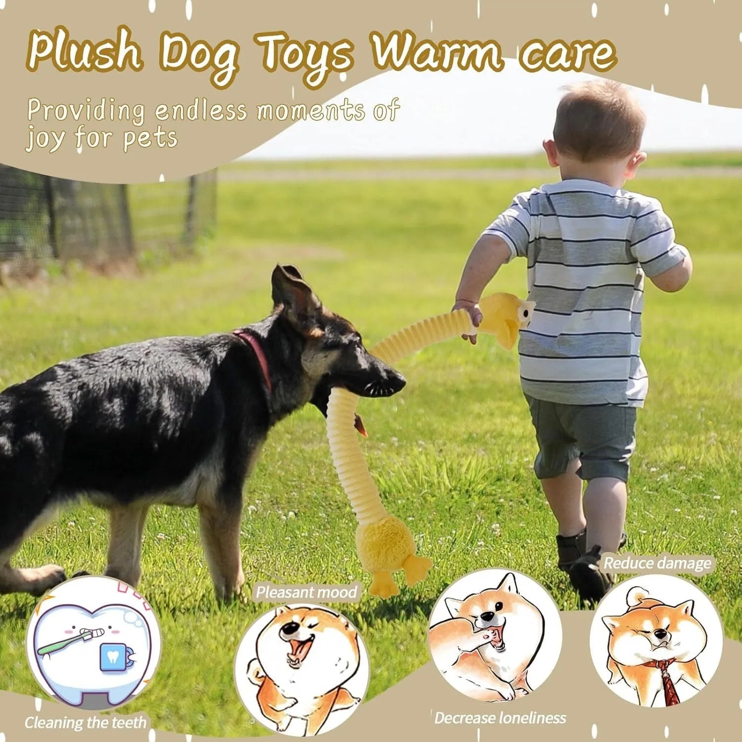 Brown, grey, and yellow plush dog toys with a foldable design and crinkle sound features.