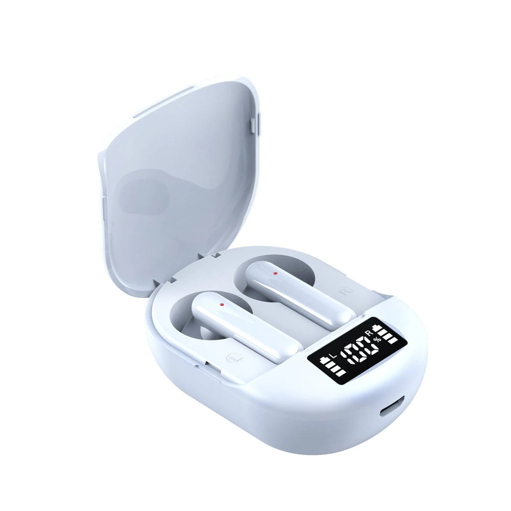 Black and white wireless Bluetooth earbuds with charging case showing digital display screen