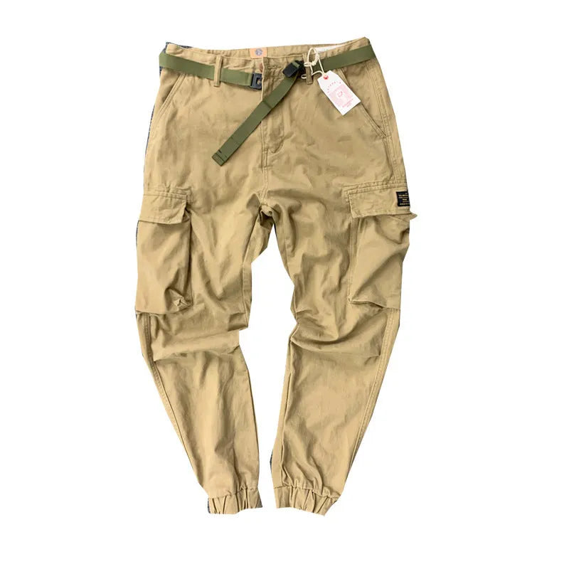Men's pure cotton multi-pocket casual workwear pants in khaki with mid waist and ankle drawstring