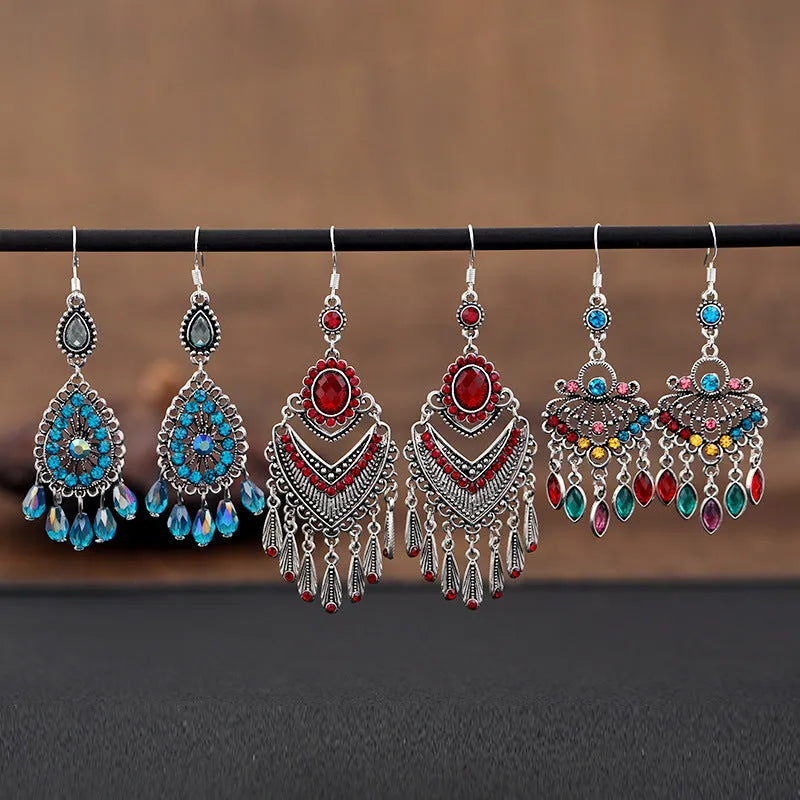 Smart water drop purple retro crystal long fringe earrings with 20-24cm drop shape and ethnic style