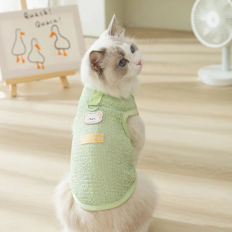 Cat wearing breathable hollowed-out knitted clothing with cartoon bear patch in blue colour