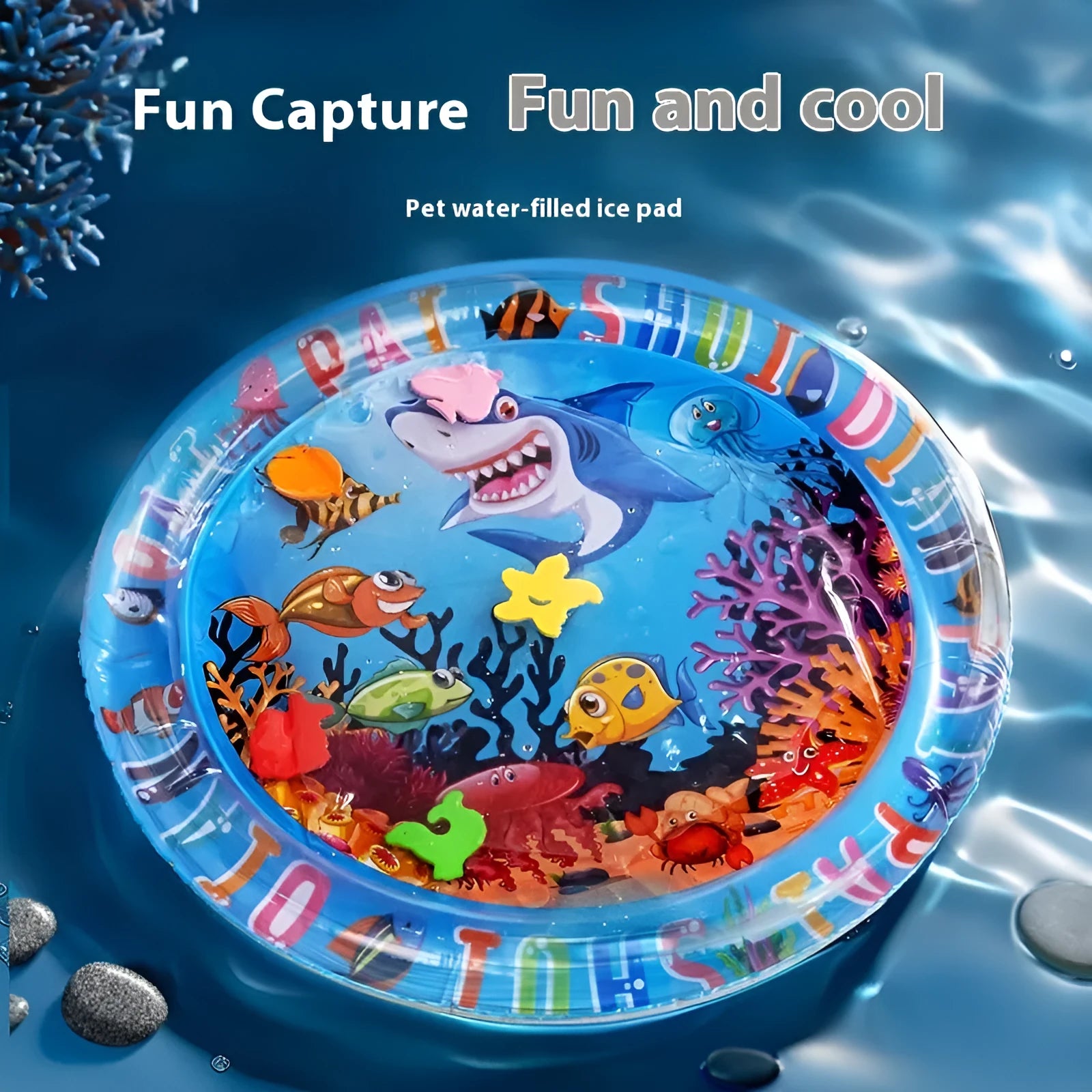 PVC inflatable water cooling mat for cats with shark design on blue background
