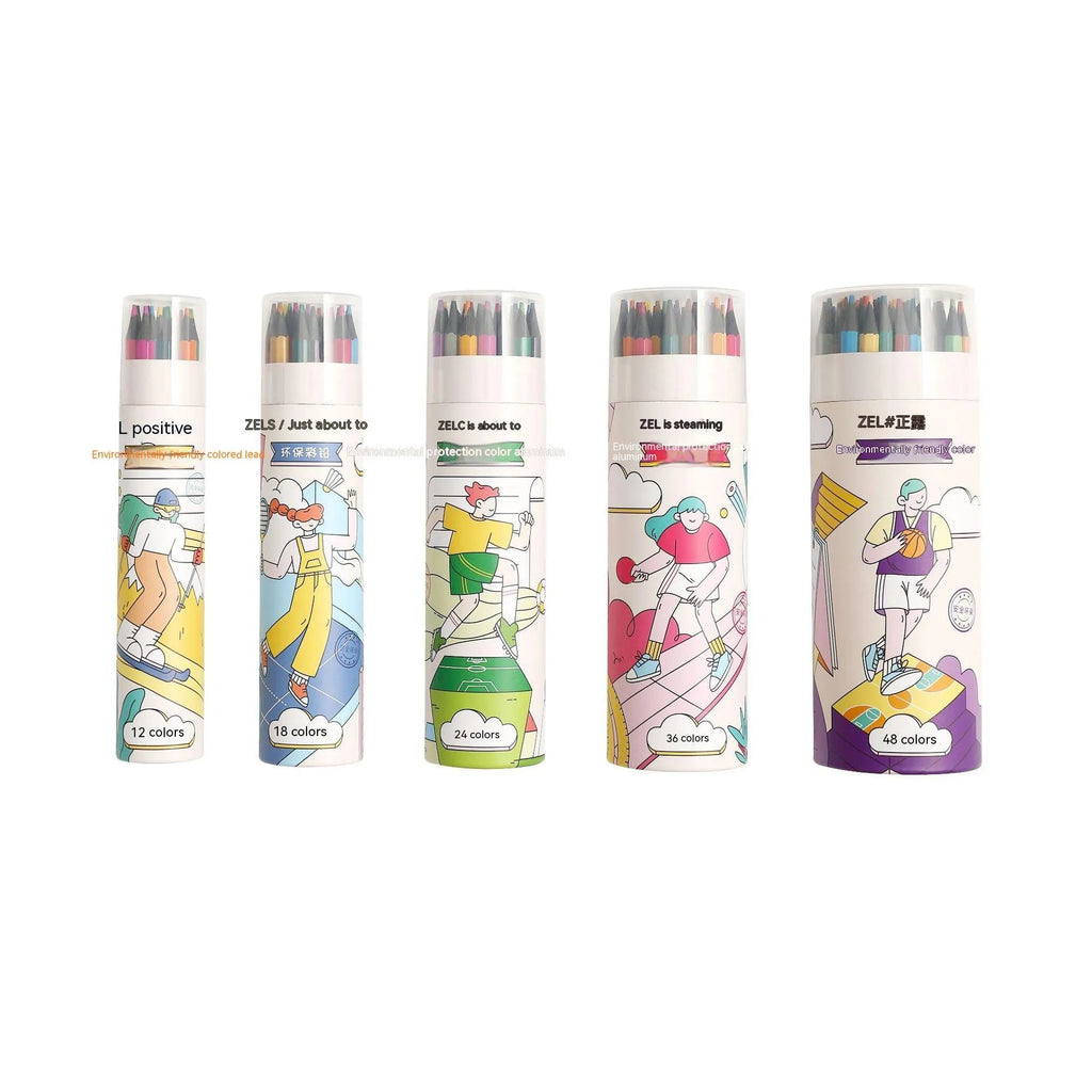 Zhenglin Sports Series colour pencils in a set with a paper barrel, showing multiple colour options.