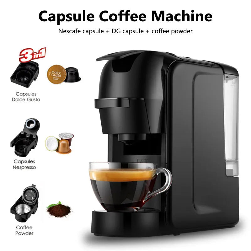 Black semi-automatic capsule coffee machine with 600ml capacity, 1450W heating, ABS body