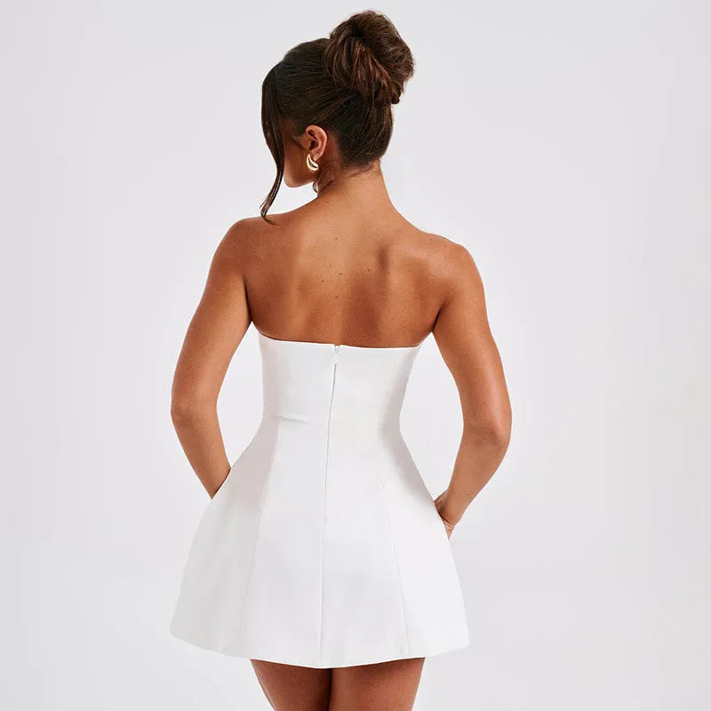 Women's backless solid colour tube dress with A-line skirt and high waist design