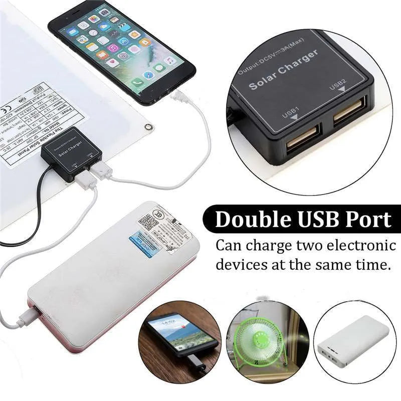 Outdoor solar panel with dual USB ports for charging mobile phones and tablets.