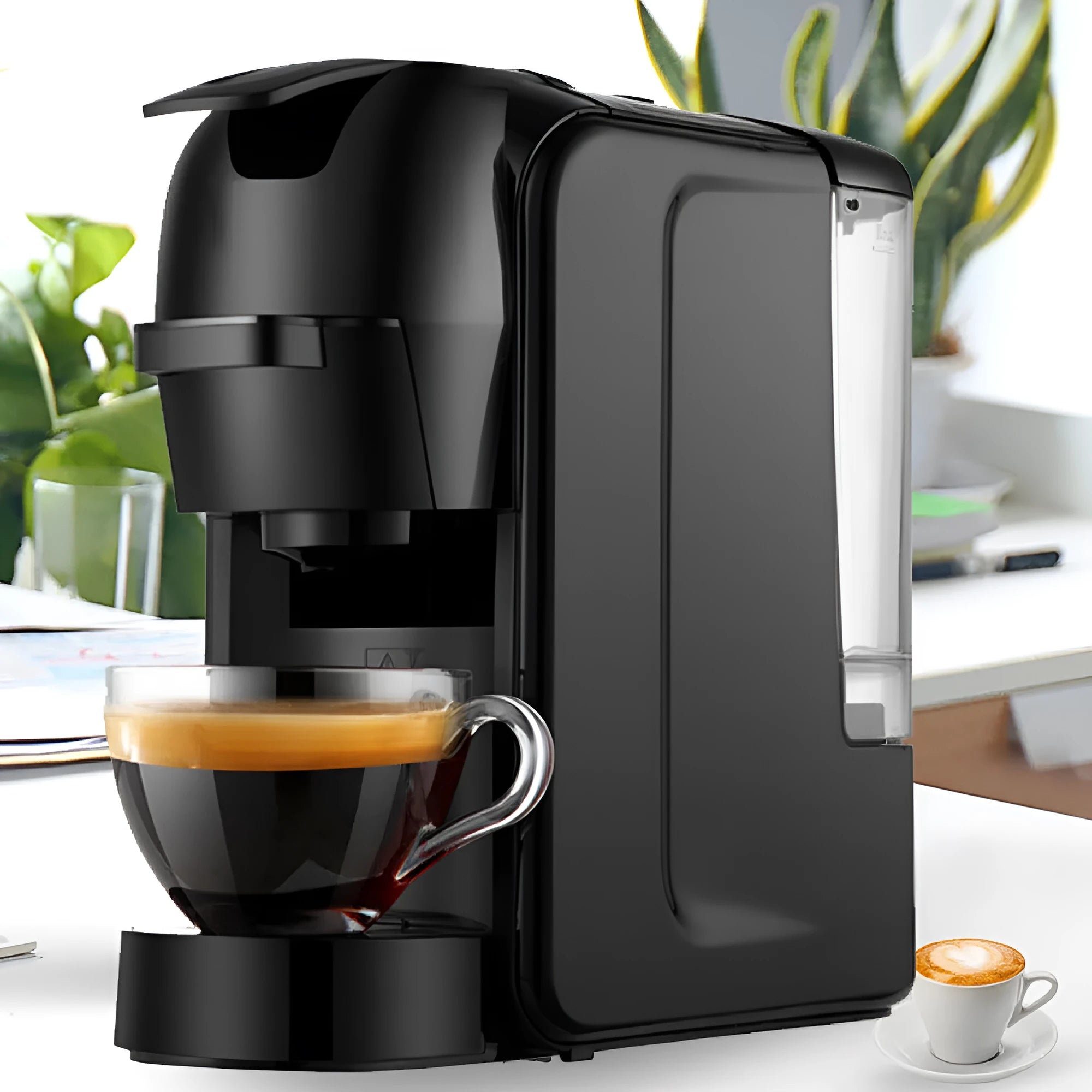 Black semi-automatic capsule coffee machine with 600ml capacity, 1450W heating, ABS body