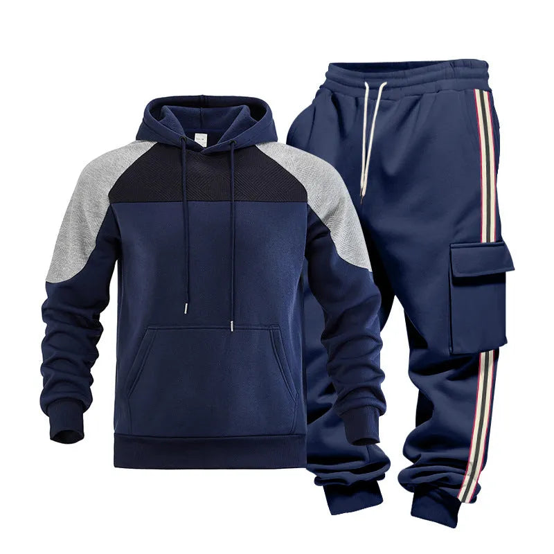 Loose colour-block polyester hoodie and matching sweatpants set in Black and other colour options