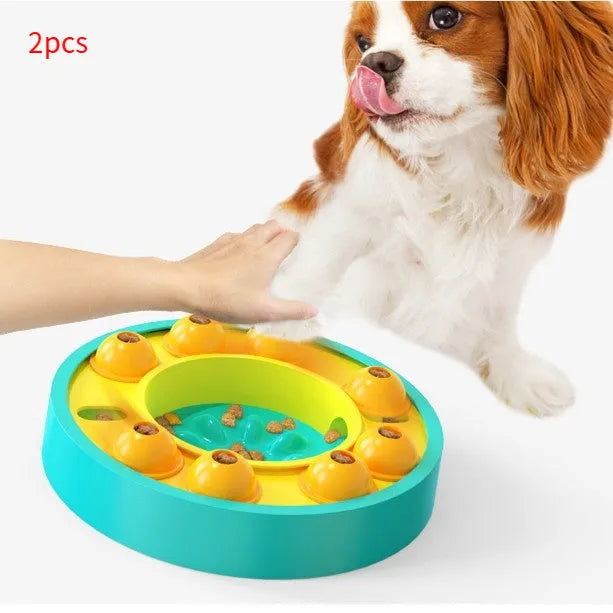 Interactive dog puzzle slow feeder toy with spinning turntable and non-slip base in lake blue colour