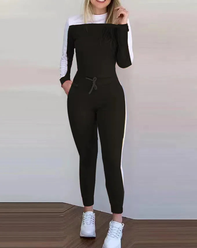 Women's colour-block long sleeve casual suit with pockets, polyester fibre, black colour option, front view on model