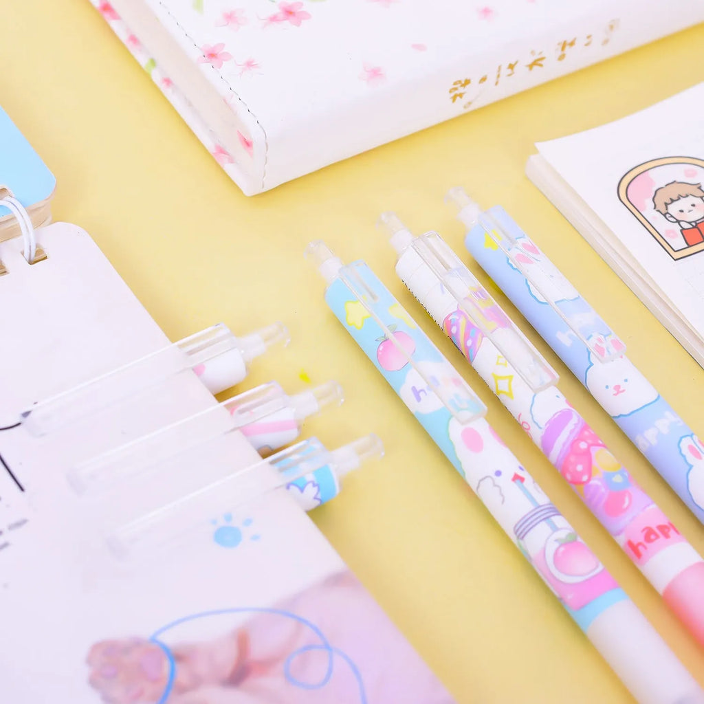 Six black plastic pens with 0.5mm tips and a cartoon bunny design.