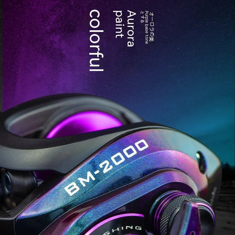 BM2000 graphite fishing reel with magnetic brake, shown in water drop design
