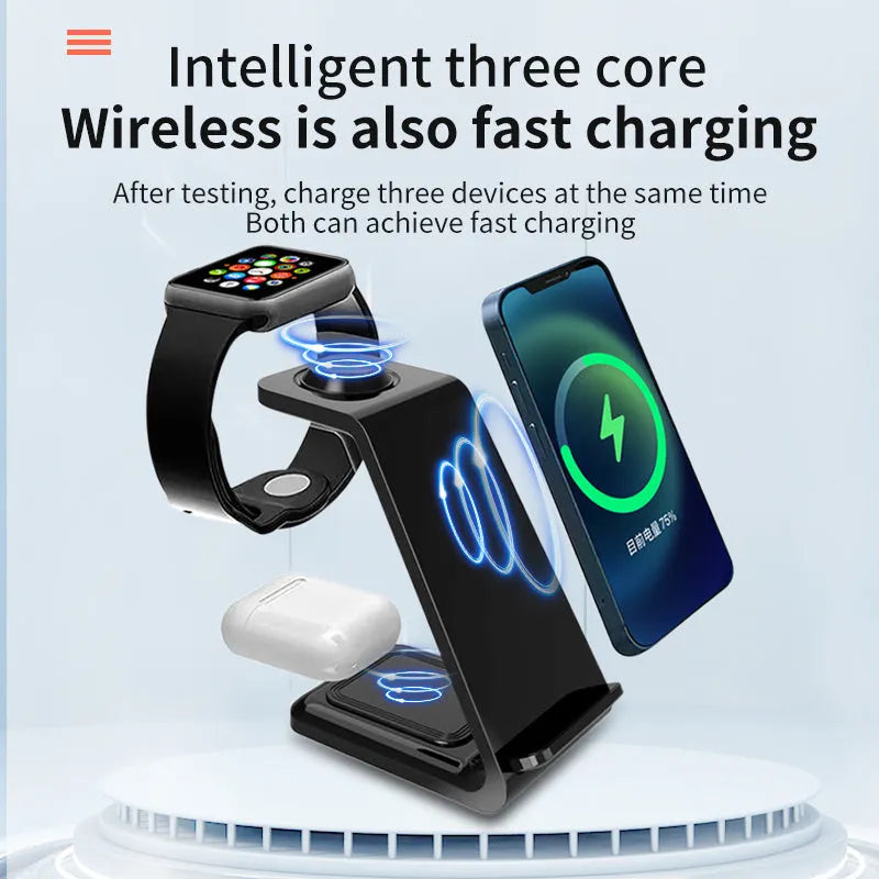 White upright wireless phone charger stand with dual coil technology and Type-C cable