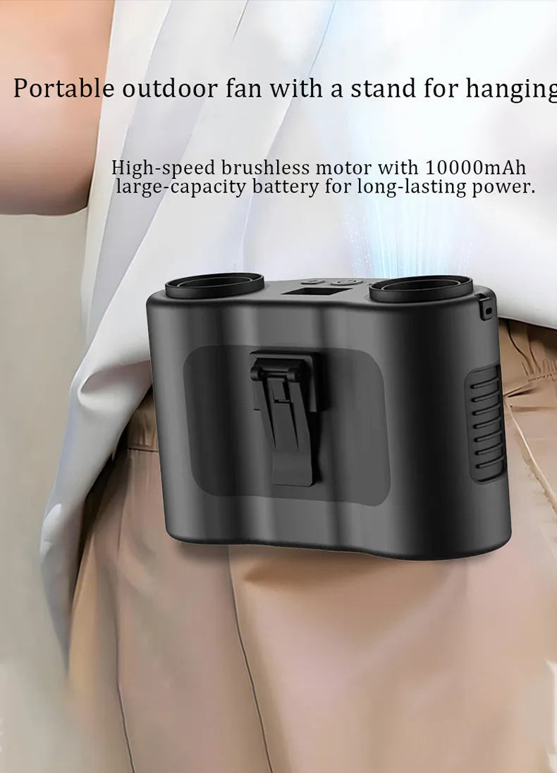 Black waist-hung portable fan showing lanyard attachment and top control button.