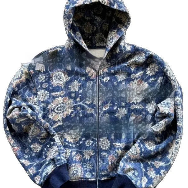 Men's loose fit hooded zip-up coat in polyester fabric with digital printing design