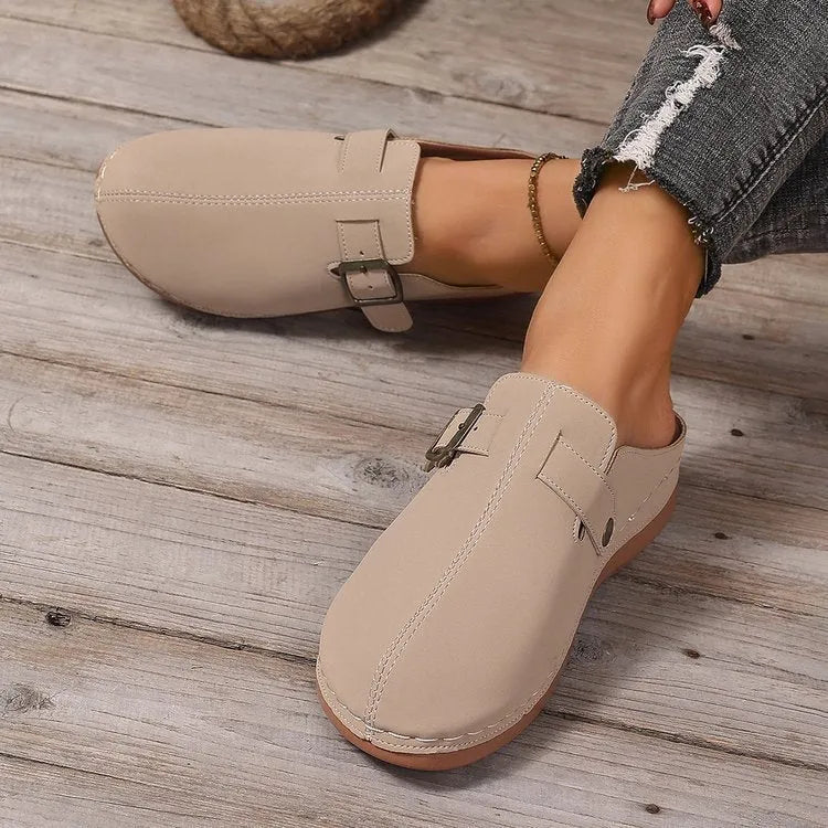 Women's casual wedge slippers in light brown with cloth upper and rubber sole