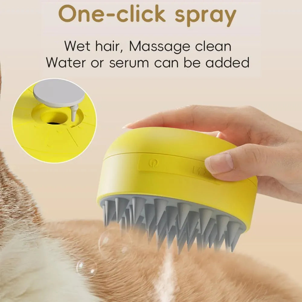 Rechargeable green and yellow silicone steam brush for grooming cats and dogs