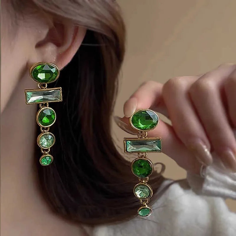 Green gradient tassel earrings with zircon inlaid detail and geometric Chinese retro style