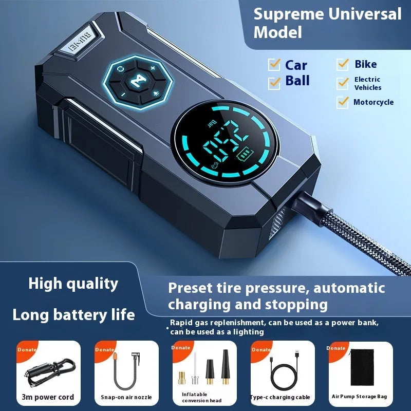 Car wireless portable air inflator with 80W power, ABS elastic paint finish, lighting, and USB charging