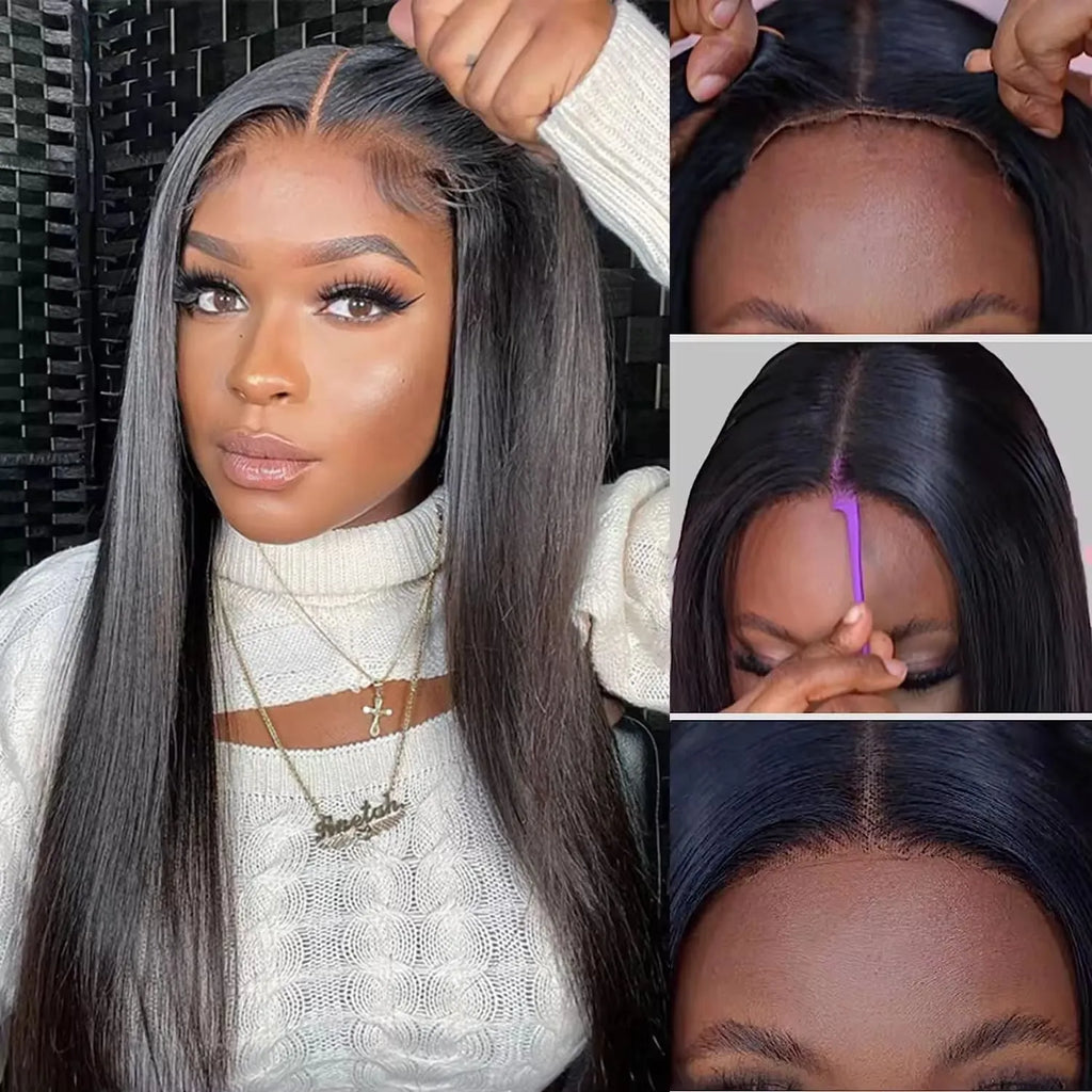 Long straight human hair glueless wig with side bangs, shown in natural colour.