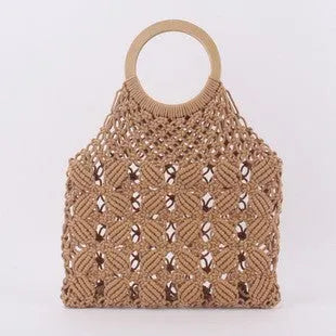 Handmade rope straw shoulder bag in solid colour with hard handle and cotton lining