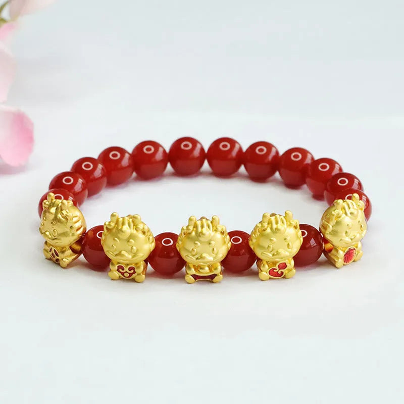 Chinese style red agate bracelet with five blessing dragon design and adjustable closure