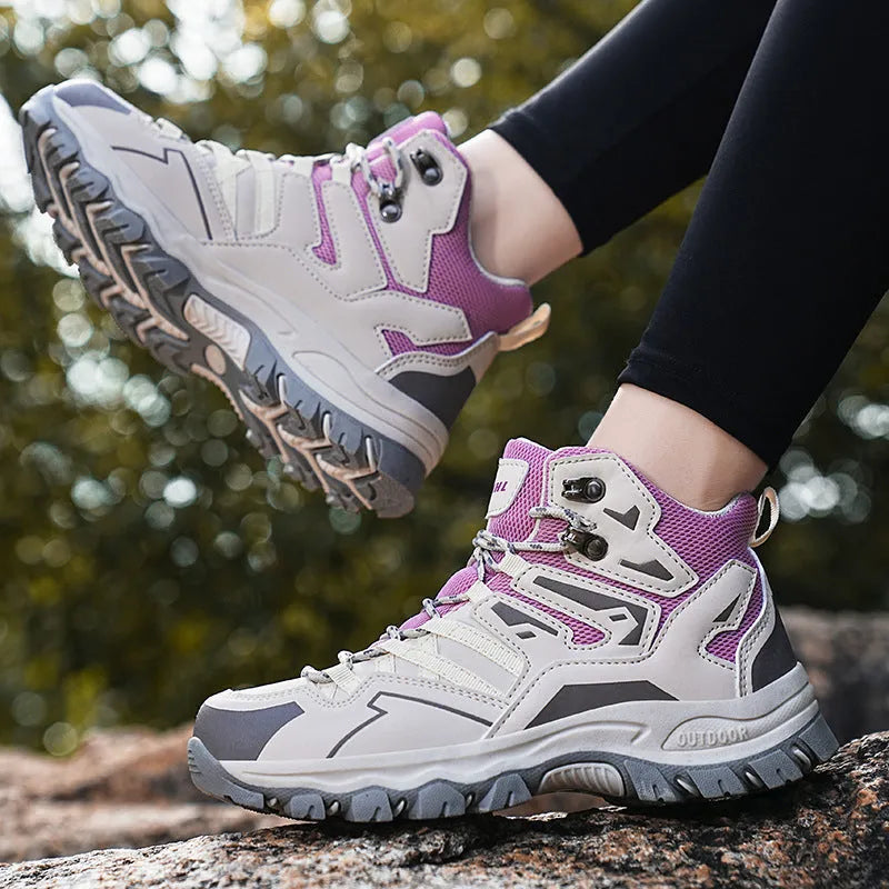 Same high-top outdoor hiking sneaker in multiple colours with lace-up front and natural rubber sole.