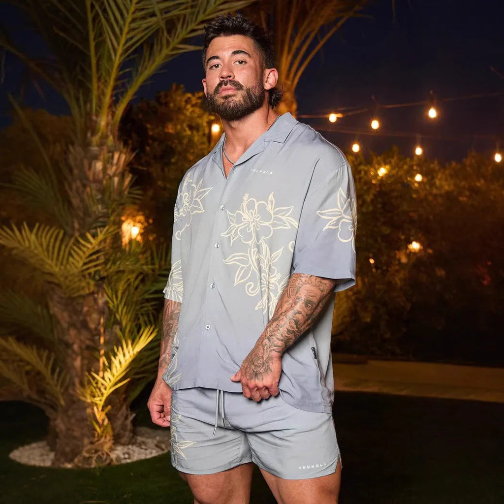 Men's printed floral pattern short sleeve top in loose fit cardigan style