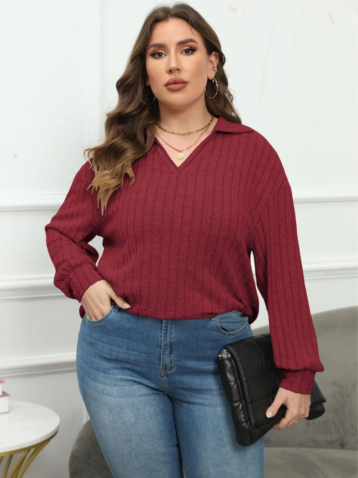 Women's plus size polo collar shirt in melange grey polar fleece with lantern sleeves