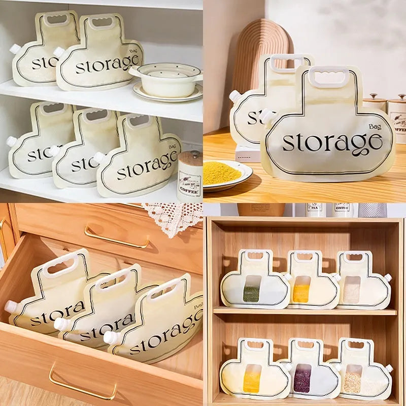 Cream colour food-grade PE grain storage bag with good sealing, 26.5x34.6cm, 2.1-3L capacity, handbag shape, kitchen storage