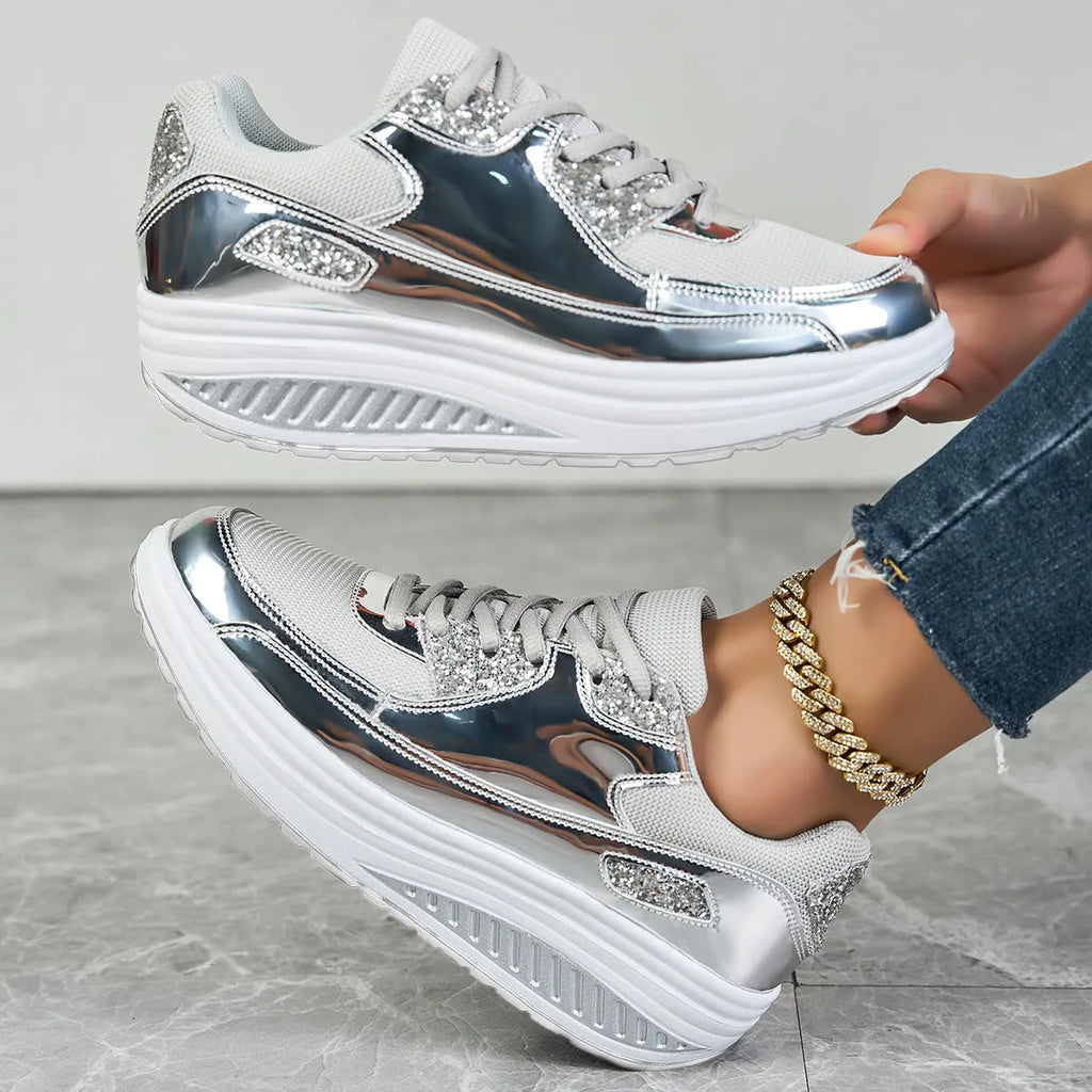 Women's outdoor travel leisure shoes mesh upper round toe gold silver solid colour