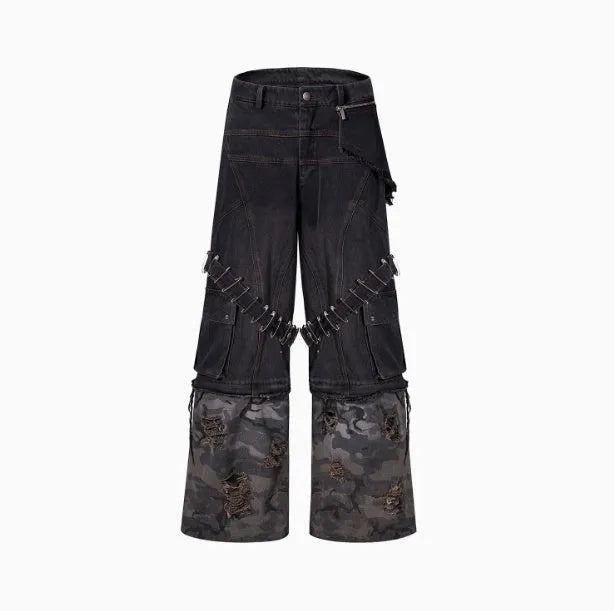Men's grey camouflage jeans with splicing construction and pin ribbon details