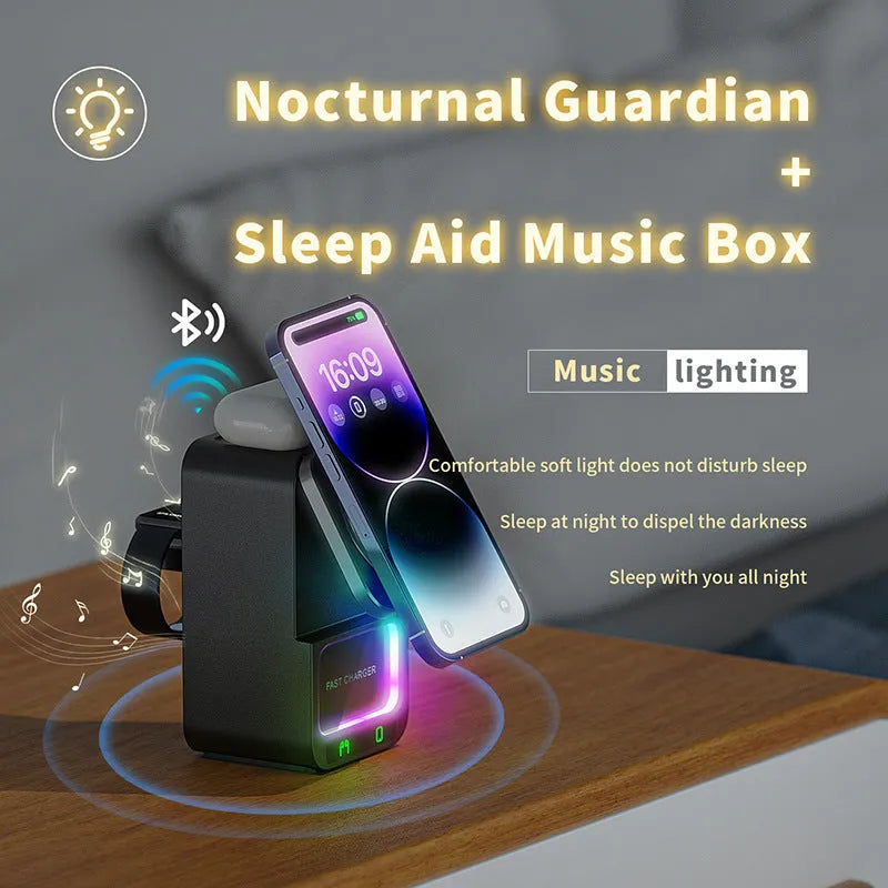 White and black Bluetooth speaker wireless charging station with 23W fast charging capability