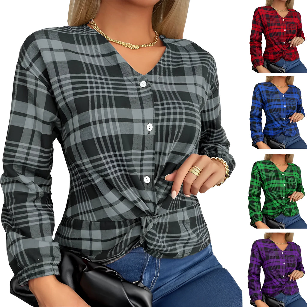 Women's purple, grey, and red plaid loose-fit casual shirt with regular sleeves.