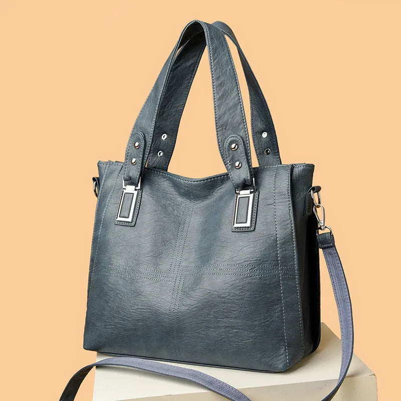 Soft PU women's handbag horizontal square shape with sewing thread detail in five colours black dark gray khaki lake blue yellowish brown